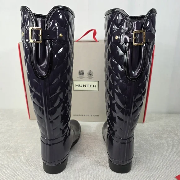 Hunter Refined Gloss Quilt Tall Rain Boots Aubergine Purple Size 8 - Picture 5 of 11